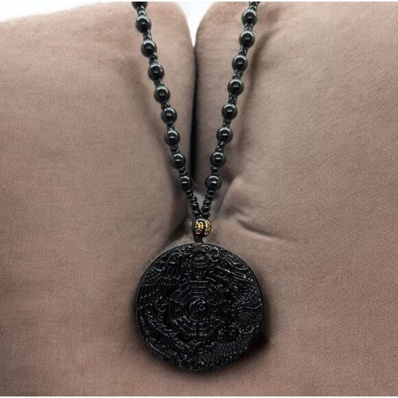 Unique Glass Black Obsidian Dragon and Phoenix Pendant Necklace Good Luck Charm - Picture 3 of 7